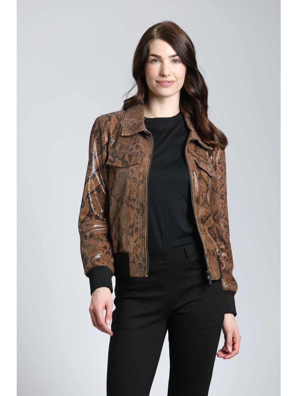 Women's Brown Snake-Print Bomber Jacket